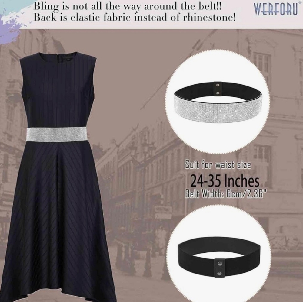 Women Rhinestone Blingy Crystal Wide Elastic Stretch Party Dress Belt, XL - Picture 2 of 5